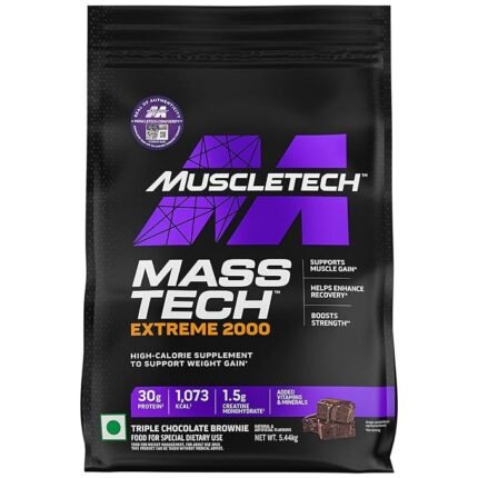 MuscleTech Masstech Extreme 2000 High Protein Food For Weight Gainer (30G Protein,1075 Kcal,1.5G Creatine&Added Vitamin&Minerals) Veg Mass Gainer-Triple Chocolate Brownie-5.44Kg,Powder